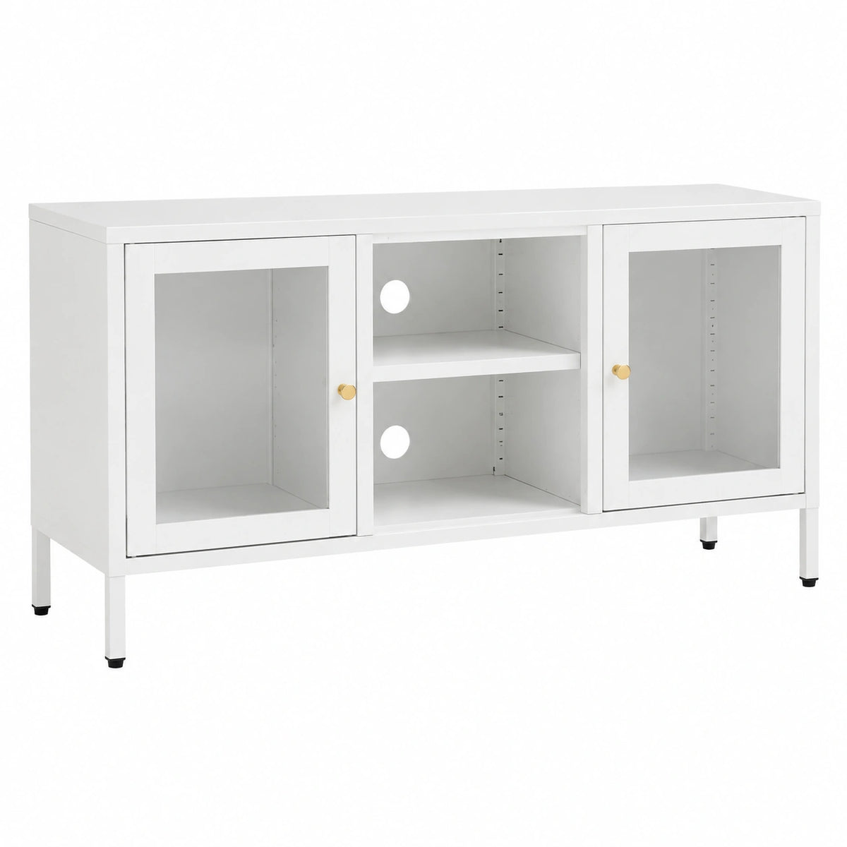 Mobile TV bianco, 105 × 35 × 52 cm, mobile basso in acciaio e vetro temperato, elegante mobile TV con ante in vetro e ripiano regolabile, robusto