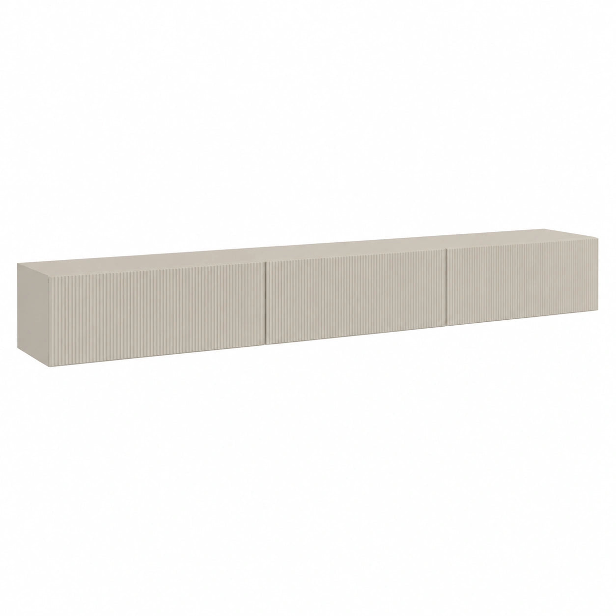 Mobile TV Sospeso a Parete con Frontali Scanalati, Porta TV Moderno per Soggiorno, 3 Ante, 300 cm, Beige grigiastro