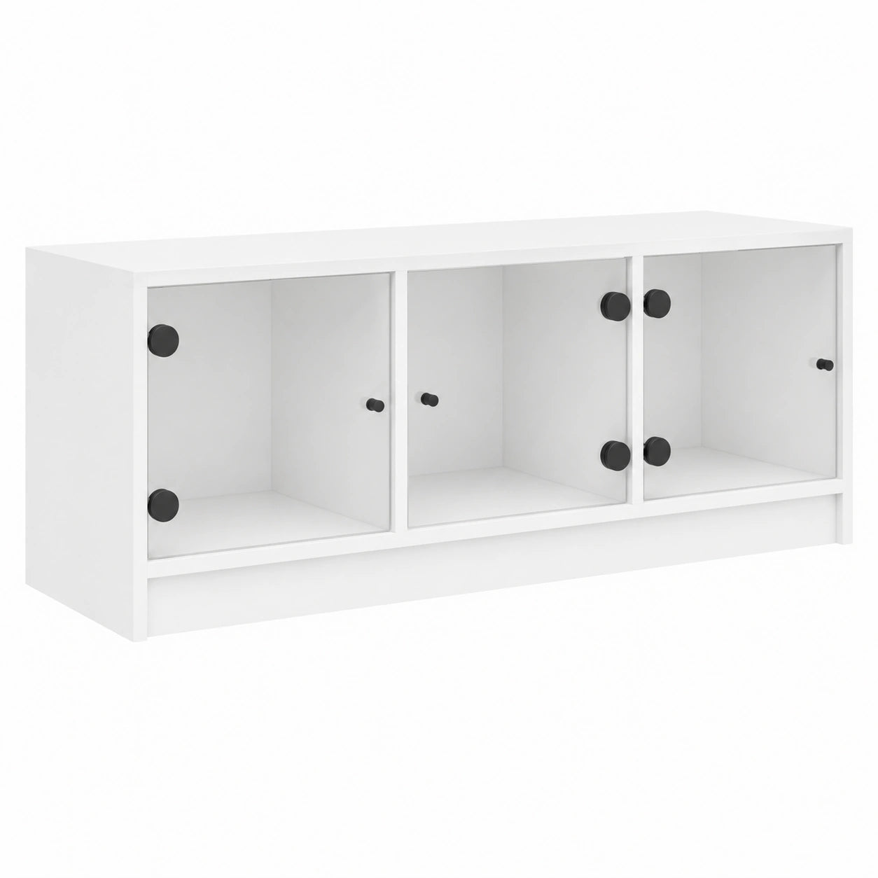 Mobile TV con ante in vetro, bianco, in legno, 102 × 37 × 42 cm, credenza con ripiano e scomparti