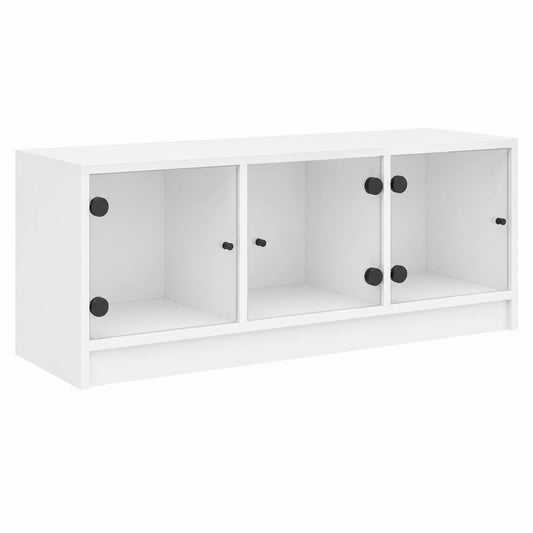 Mobile TV con ante in vetro, bianco, in legno, 102 × 37 × 42 cm, credenza con ripiano e scomparti