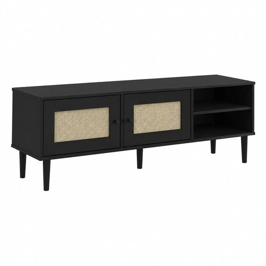 Mobile TV basso nero, 158 × 40 × 49 cm, in legno massello di pino con effetto rattan e vernice UV, mobile TV con ante e scomparti per soggiorno