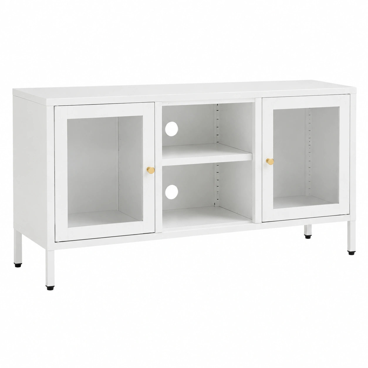 Mobile TV bianco, 105 × 35 × 52 cm, mobile basso in acciaio e vetro temperato, elegante mobile TV con ante in vetro e ripiano regolabile, robusto