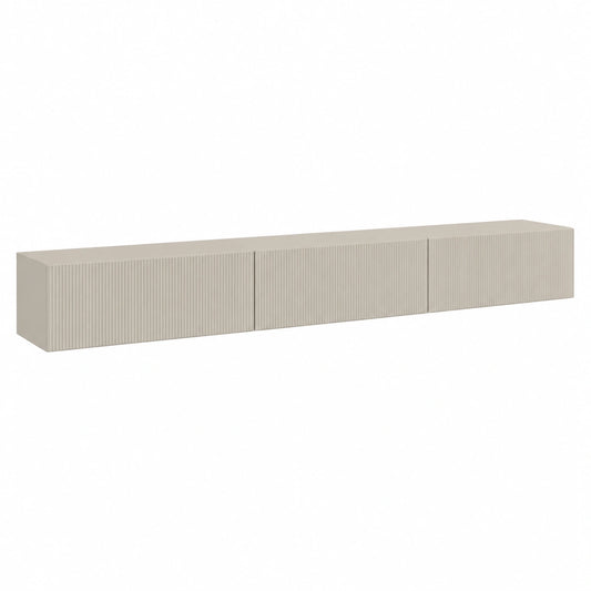 Mobile TV Sospeso a Parete con Frontali Scanalati, Porta TV Moderno per Soggiorno, 3 Ante, 300 cm, Beige grigiastro