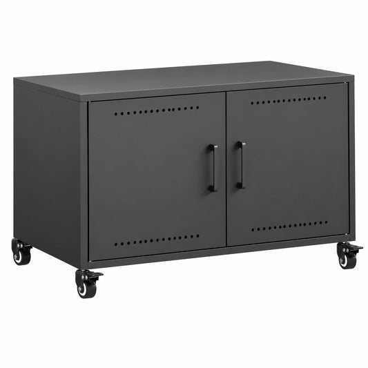 Mobile TV Nero in Acciaio Laminato a Freddo 68 × 39 × 43,5 cm con 2 Ante e 4 Ruote, Mobile per Soggiorno con Ampio Spazio Portaoggetti, Moderno