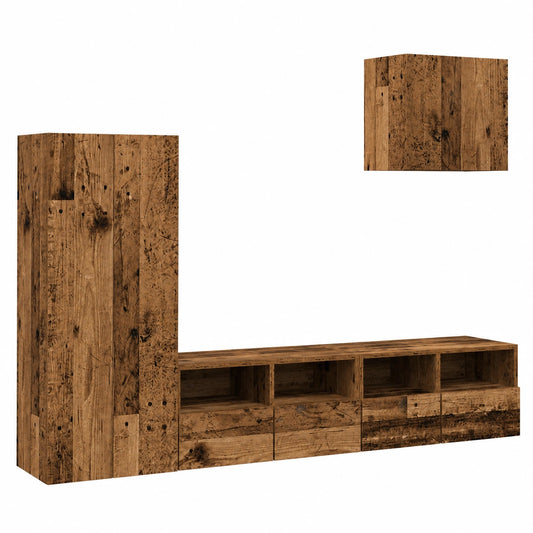 Mobile da parete per TV, 4 pezzi, in legno anticato, con ante e ripiani, 40,5 × 30 × 102 cm