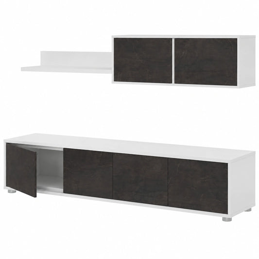 Mobile da Soggiorno Porta TV a Quattro Ante, con modulo pensile e mensola, Colore Scuri Lucido, cm 200 × 43 × 41, Marrone e Bianco